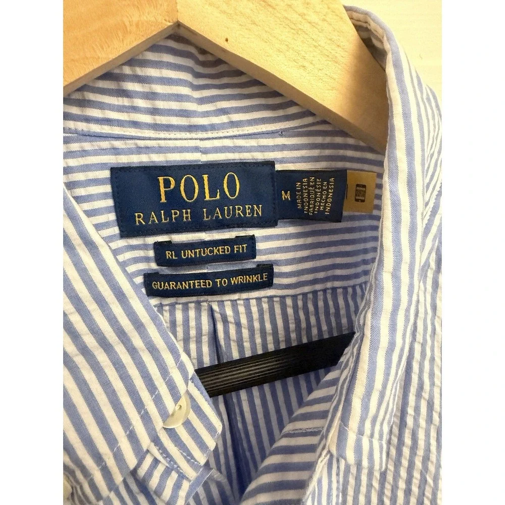 Polo Ralph Lauren Men's Blue Seersucker SS Button Down Untucked Fit Medium New